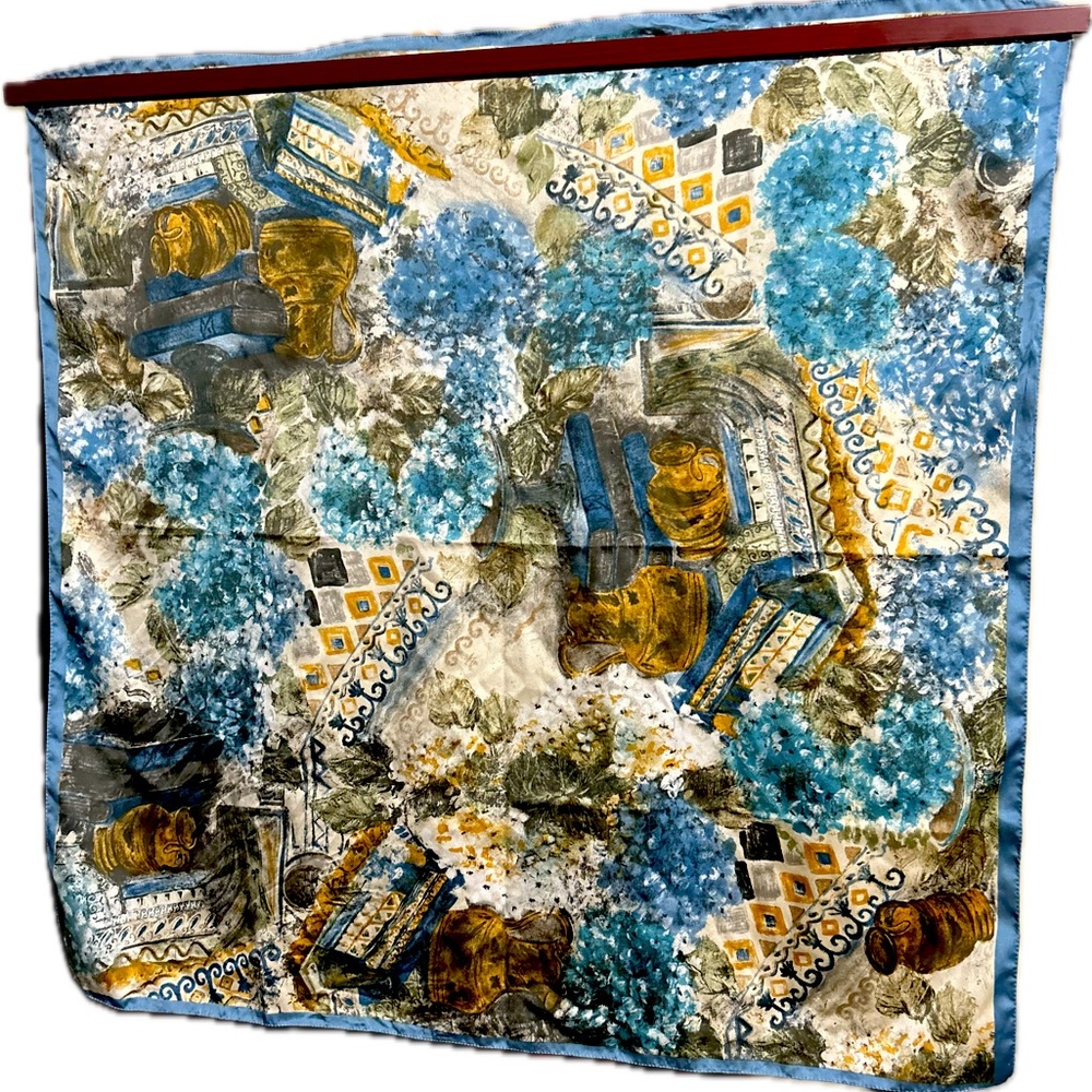Blue & Gold 34” x 34” PURE SILK SCARF/SHAWL, Floral Still Life Abstract Pattern